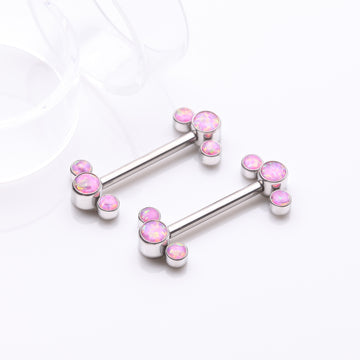 Detail View 1 of A Pair of Implant Grade Titanium Fire Opal Trio Internally Threaded Nipple Barbell-Pink Opal